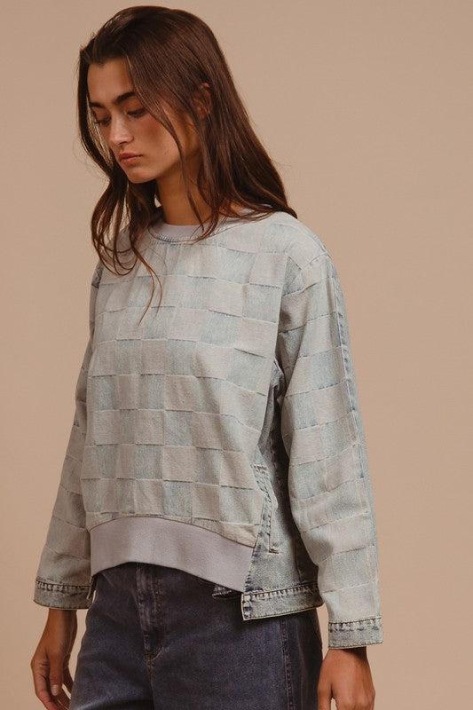 BiBi Mineral Washed Checkered Round Neck Denim Top