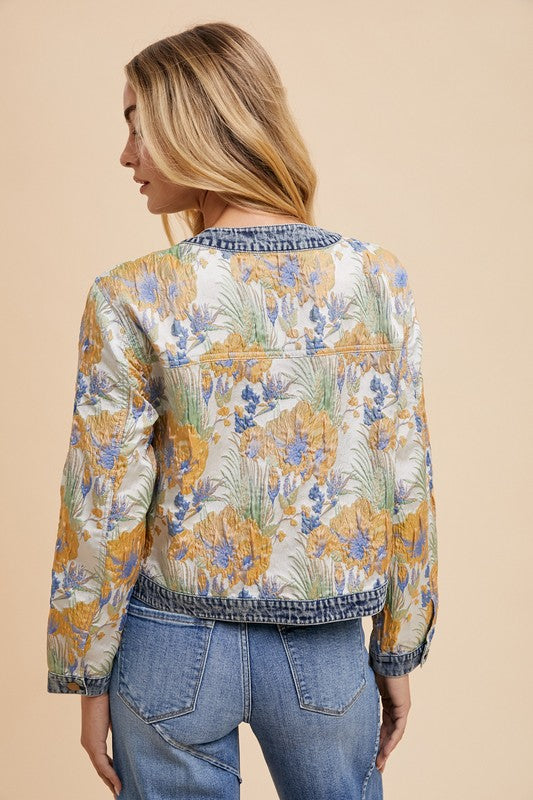 Annie Wear Floral Jacquard Denim Contrast Button Down Jacket